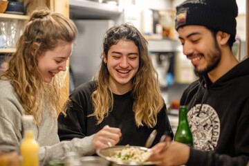 Young Adults Enjoying Communal Cooking in Minimalistic Kitchen
