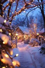 Outdoor holiday decorations with a winter wonderland theme.