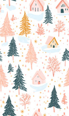 Obraz premium Seamless Pattern Whimsical Christmas and New Year Doodles Featuring Festive Icons, Cozy Winter Scenes, and Seasonal Decorations in Vibrant Colors