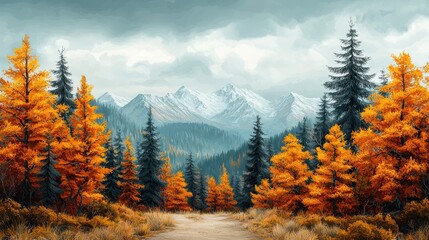 A serene autumn landscape featuring vibrant orange trees, towering evergreens, and distant snowy mountains under a cloudy sky.