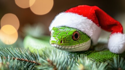 Green Lizard Wearing Santa Hat on Tree