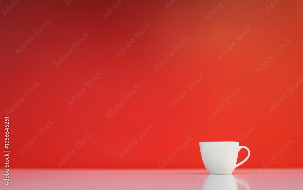 Poster minimalist red and white coffee cup display on red background with soft lighting