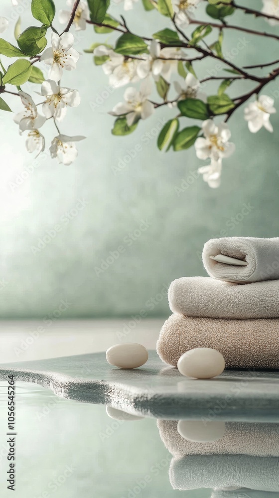 Poster a stack of towels is placed on a table next to a tree. the towels are white and the tree is full of 