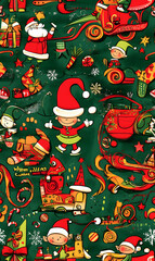Seamless Pattern Whimsical Christmas and New Year Doodles  Featuring Festive Icons, Cozy Winter Scenes, and Seasonal Decorations in Vibrant Colors