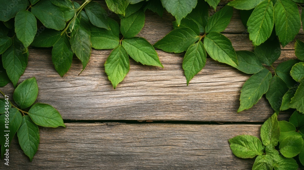 Poster leaf illustrations arranged around the frame, with a wood-pattern graphic in the center for insertin