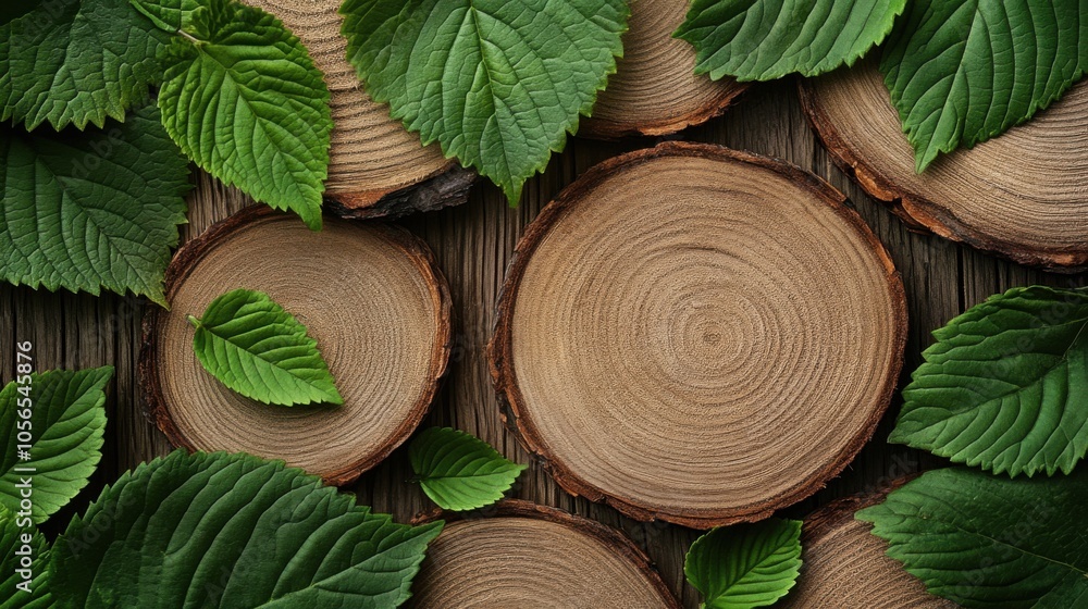 Poster leaf illustrations arranged around the frame, with a wood-pattern graphic in the center for insertin