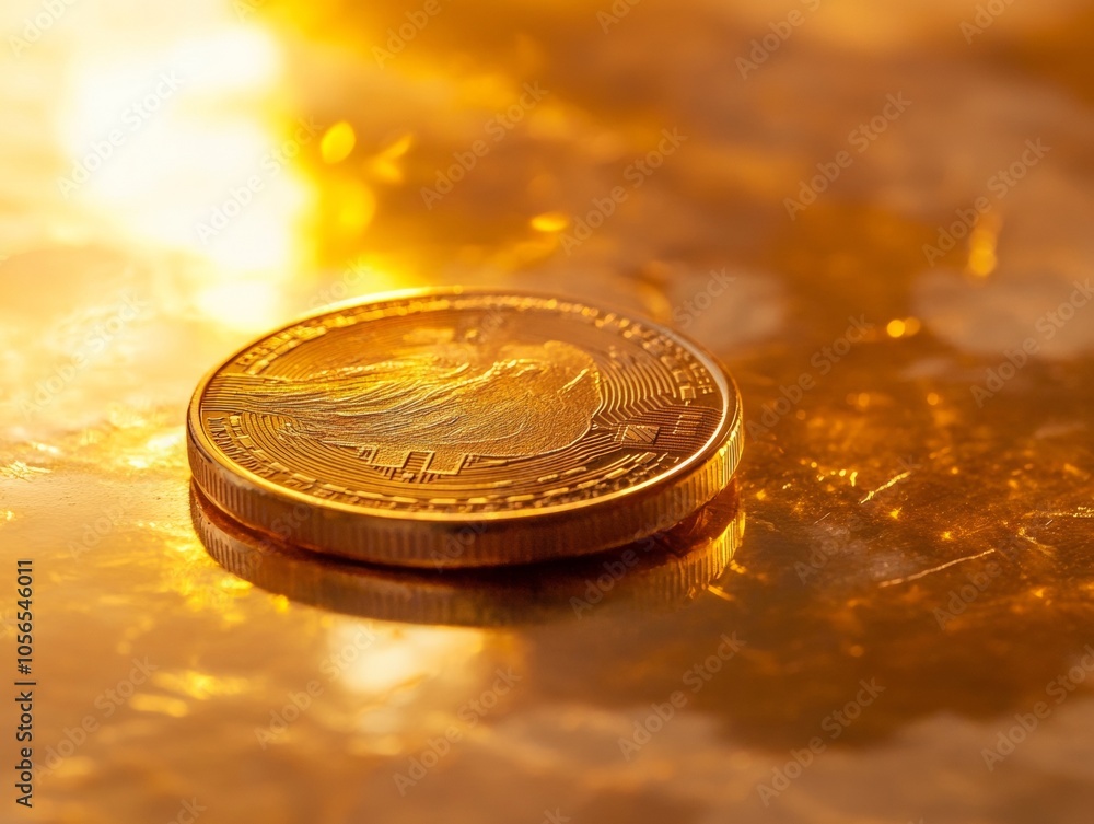 Poster glossy macro shot of bitcoin on reflective surface in warm lighting