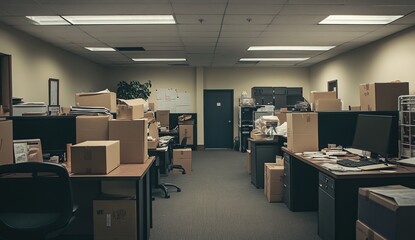An empty office space filled with cardboard boxes, desks, and chairs.  The room is lit by fluorescent lights and has a dark grey carpet.