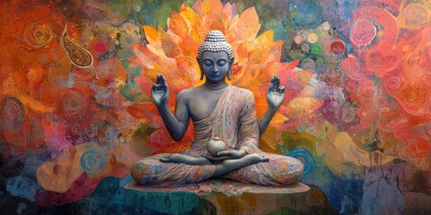 Buddha with colorful lotus flower, oil painting	
