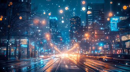 Obraz premium The Urban Glow: A City Street Overwhelmed with Light Pollution’s Dazzling Effects