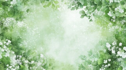 Serene green background with delicate white flowers and leaves, a natural beauty for spring summer