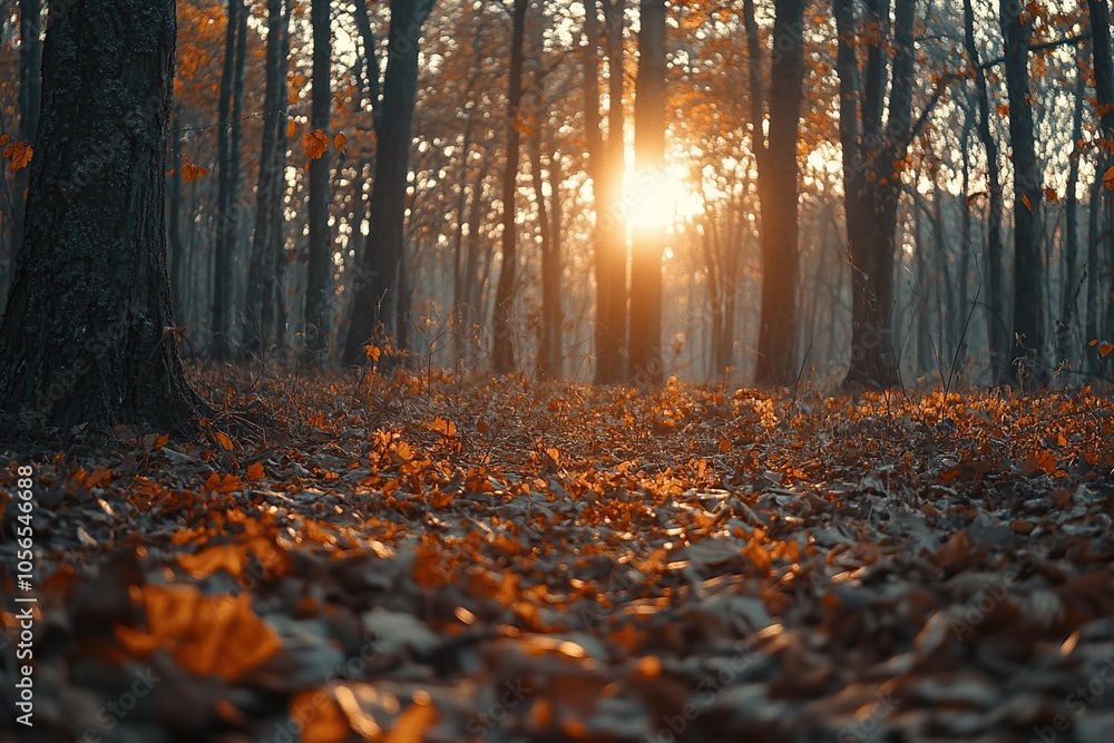 Poster golden sunlight filters through the trees in a dense autumn forest, illuminating a carpet of fallen 