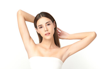 Beautiful Young Asian woman lifting hands up to show off clean and hygienic armpits or underarms on white background, Smooth armpit cleanliness and protection concept