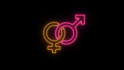 Glowing modern gender icon on black background. Concept of Masculine, Feminine, and Unisex Icons for Social Equality, Marriage, and Romantic Connections, Featuring 3D Design of Mars and Venus Signs wi