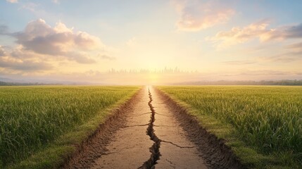 Golden sunset over a serene dirt road, tranquil countryside journey through picturesque fields