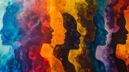 A vibrant and colorful abstract painting depicting diverse silhouettes of people, symbolizing the rich tapestry that is human diversity