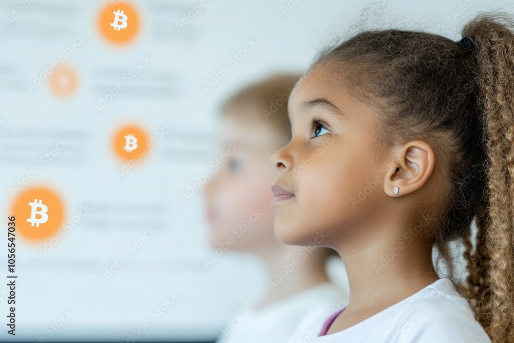 Aufkleber diverse children engaging with cryptocurrency concepts in classroom setting