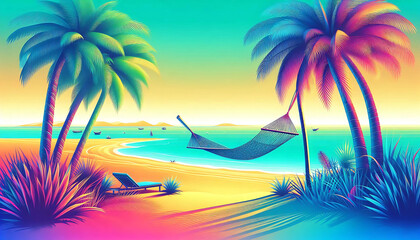 Vibrant Tropical Beach Scene with Hammock and Palms