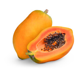 whole and half of ripe papaya isolated, png