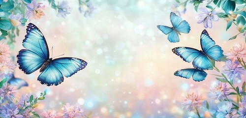 Blue butterflies fly amongst light pink and purple flowers on a pastel colored background.