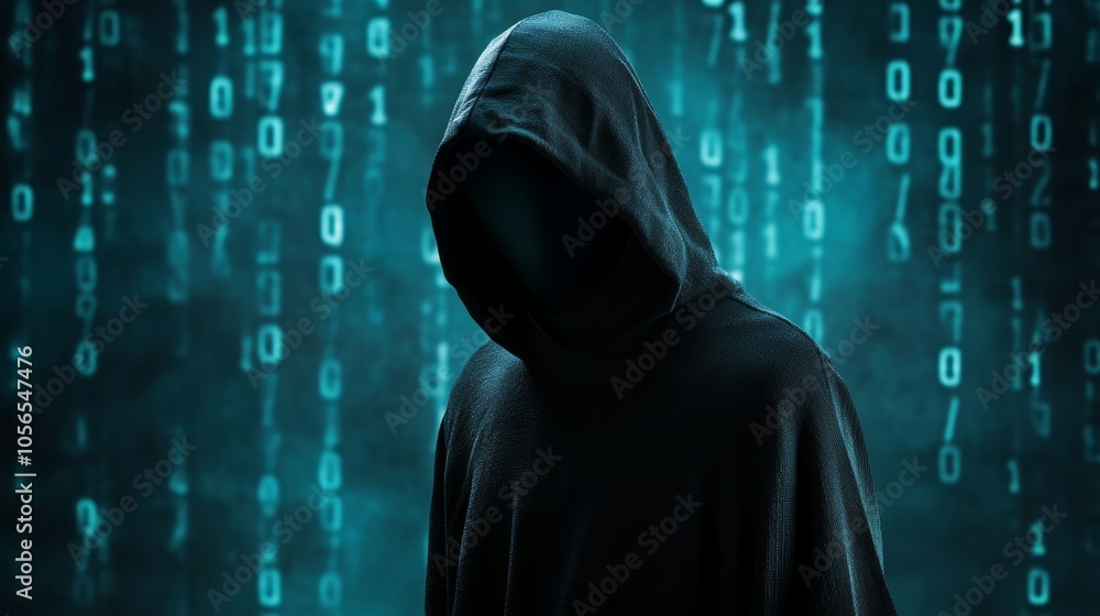 Poster silhouetted figure in a hoodie stands before cascading binary code, depiction of digital security an