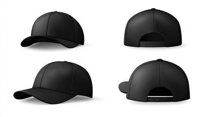 A black baseball cap is shown in four different views.