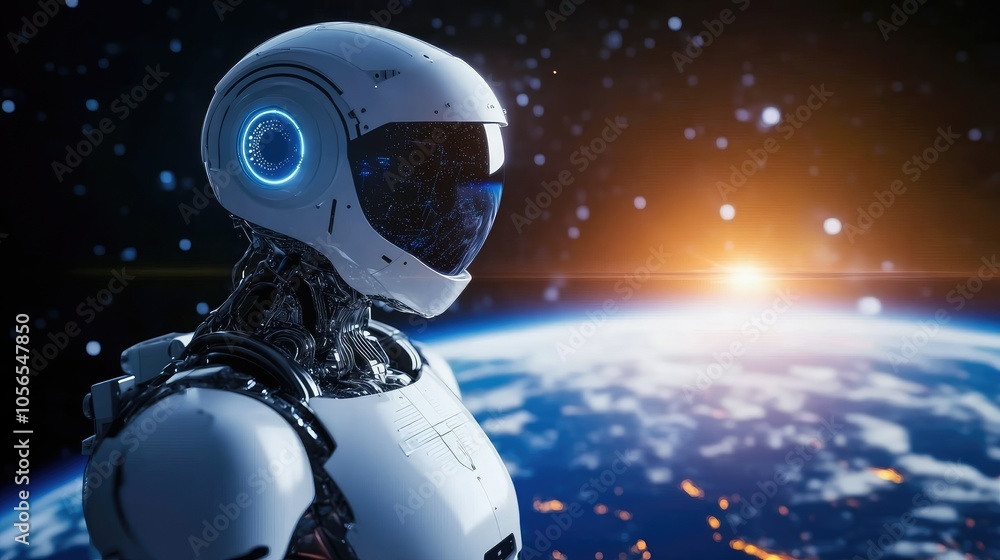 Poster humanoid robot floating in space with earth below, symbolizing technological exploration.