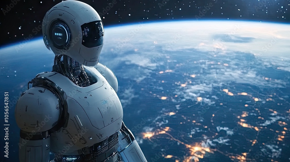 Poster humanoid robot floating in space with earth below, symbolizing technological exploration.