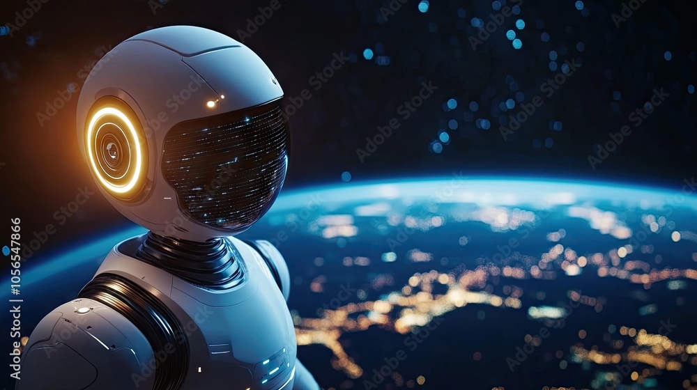 Poster humanoid robot floating in space with earth below, symbolizing technological exploration.