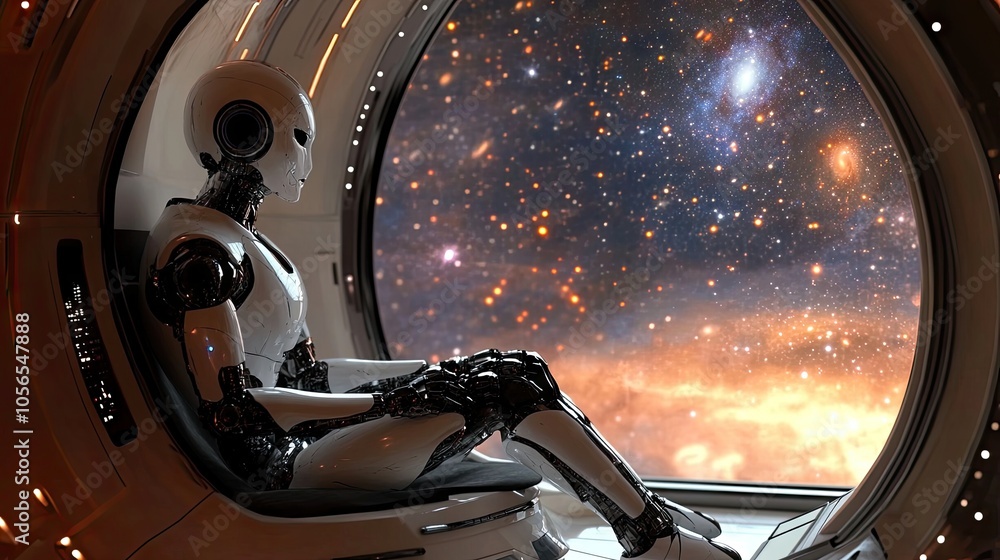 Poster humanoid robot sitting in a space pod, gazing at a distant galaxy through a window.