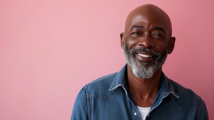 Obraz premium Portrait of happy smiling African American senior man with bald head and gray beard wearing shirt standing over pink background looking at camera