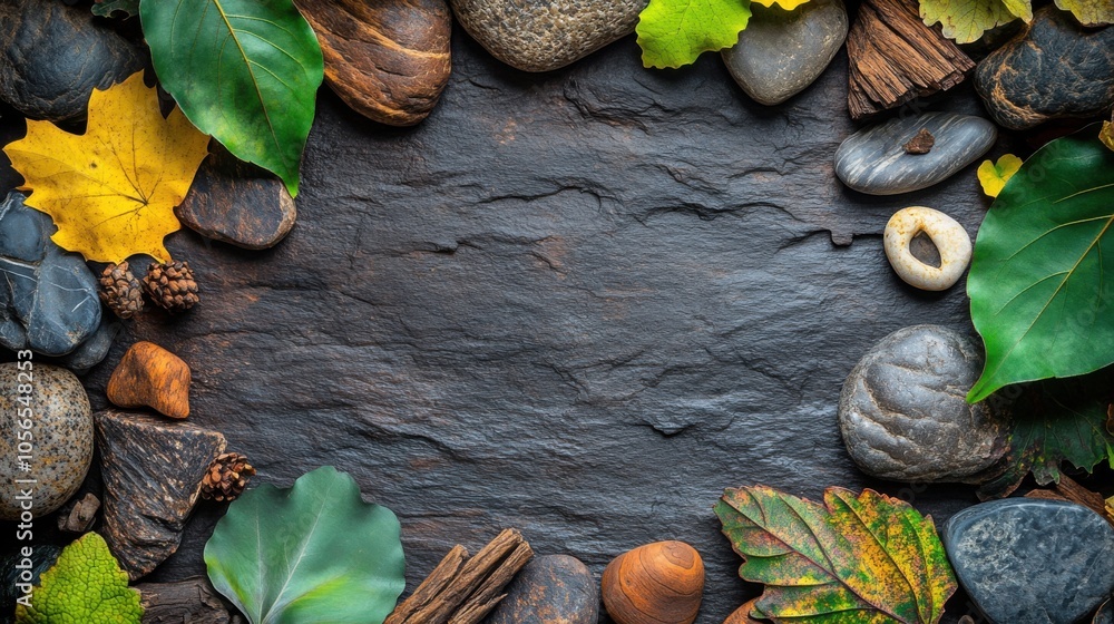 Poster a design photo using stones and leaves arranged in an arrangement, with an emphasis on a blank space