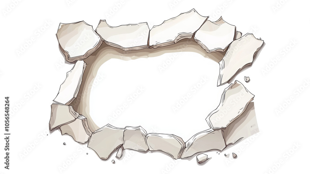 Poster a broken wall section with jagged edges, revealing a blank white space, suitable for adding text or 