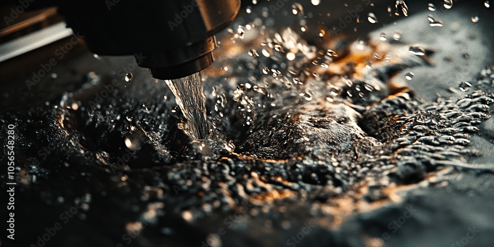 Poster close-up of water droplets splashing into a dark, textured surface, creating a dramatic, abstract pa