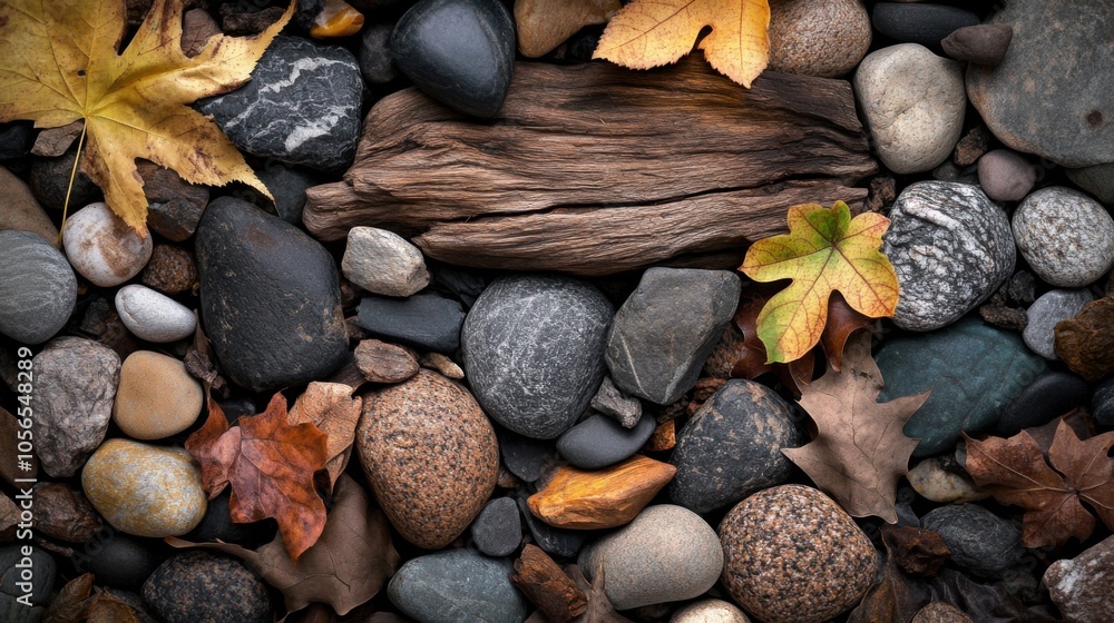 Poster a design photo using stones and leaves arranged in an arrangement, with an emphasis on a blank space