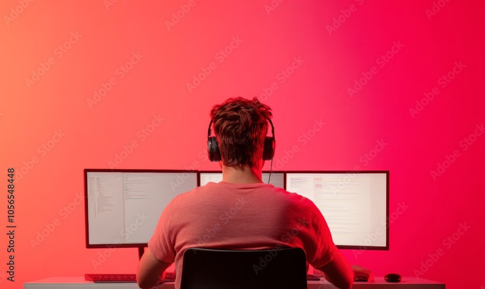 Poster tech-savvy student in a modern e-learning workspace with triple screen setup