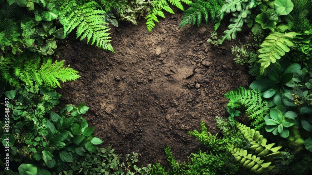 Poster arrange leaves and bushes around the frame, with soil in the center, emphasizing the space in the ce
