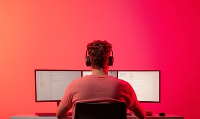 Tech-Savvy Student in a Modern E-Learning Workspace with Triple Screen Setup