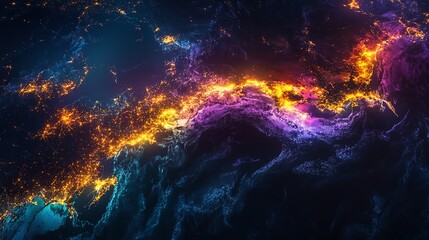 Coastal regions are brighter, indicating more data movement or connectivity through major ports and economic centers.