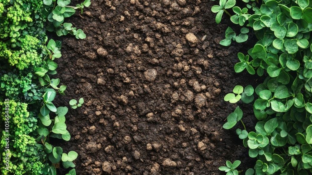 Poster arrange leaves and bushes around the frame, with soil in the center, emphasizing the space in the ce