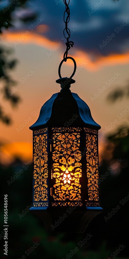 Poster a lantern hanging from a chain with a light inside
