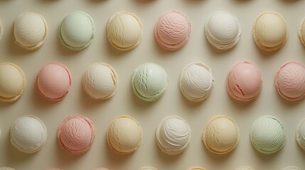 Obraz premium Minimalist ice cream display with assorted pastel scoops in a grid pattern on a neutral beige background, highlighting color and texture.