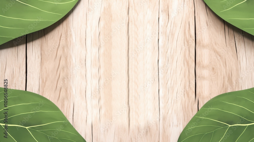 Poster leaf illustrations arranged around the frame, with a wood-pattern graphic in the center for insertin