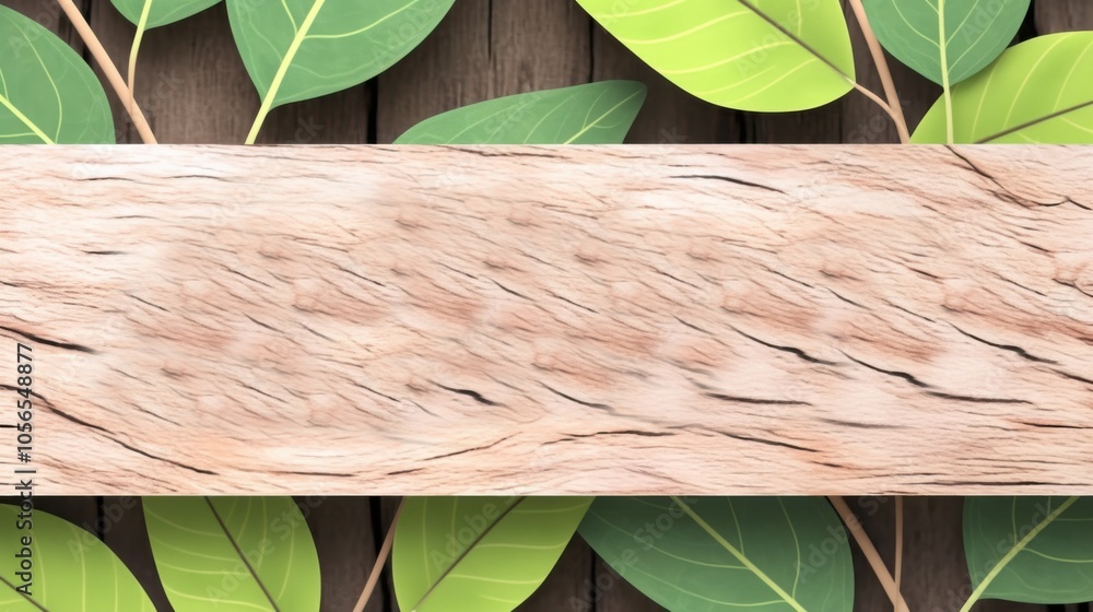 Poster leaf illustrations arranged around the frame, with a wood-pattern graphic in the center for insertin