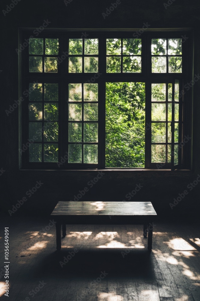 Poster a wooden table sits in front of a window with a view of trees. the room is dark and empty, with only