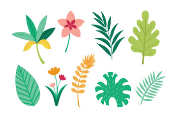  Tropical plant arrangement decoration set isolated flat vector illustration on white background.