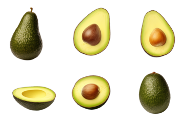 Fresh avocado collection with whole and sliced views, highlighting vibrant green flesh and brown pit. Perfect for culinary and health related content.