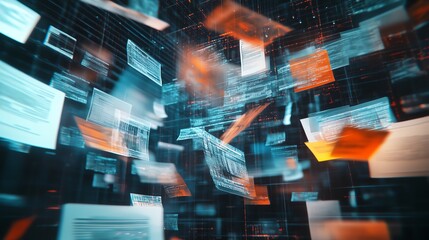 Hovering documents showing slight transparency, suggesting their digital or virtual nature.