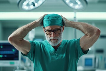 Plastic surgeon adjusting a surgical cap in a bright modern operating room, preparing for surgery