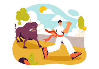 Running of the Bulls Vector Illustration featuring a Bullfighting Competition and Bulls Chasing in an Arena with a Flat Style Cartoon Background
